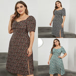 Square Neck Waist Open Long Floral Dresses