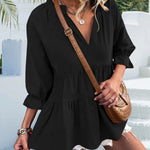 Ruffled Notched Three-Quarter Sleeve Blouse -runwayfashionista.com