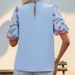 Embroidered Mock Neck Puff Sleeve Blouse - runwayfashionista.com