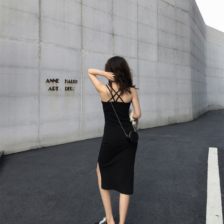 Chic Mid-Length A-Line Strap Dress - black