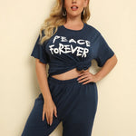 Plus Size PEACE FOREVER Dark Blue Short Sleeve Top & Pants Set - runwayfashionista.com