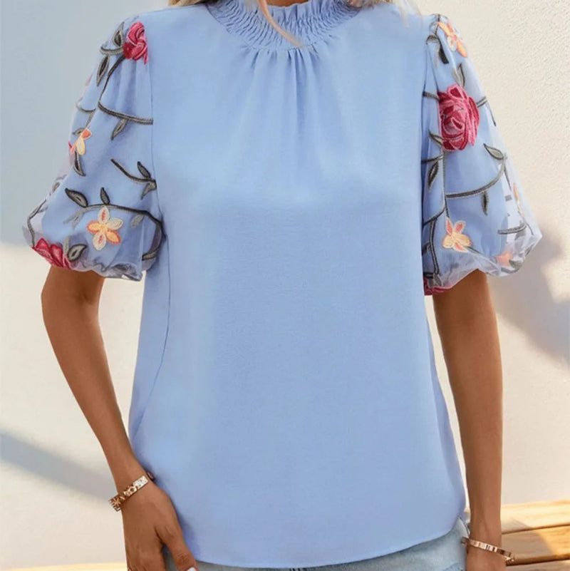 Embroidered Mock Neck Puff Sleeve Blouse - runwayfashionista.com