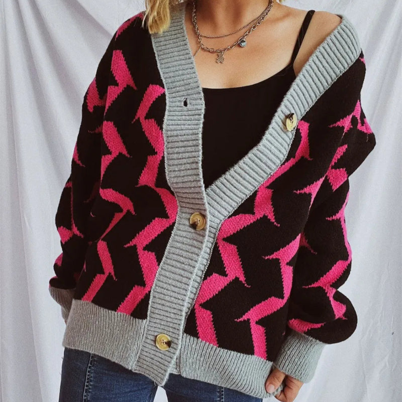 Contrast Trim Geometric V-Neck Long Sleeve Cardigan - runwayfashionista.com