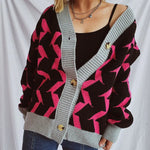 Contrast Trim Geometric V-Neck Long Sleeve Cardigan - runwayfashionista.com