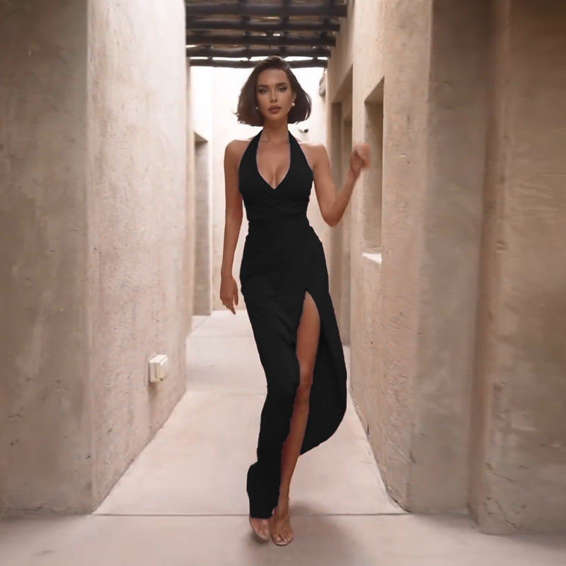 Seductive V-Neck High Slit Maxi Dress - Black