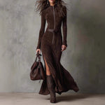 Temperament Split Long-sleeved Maxi Dresses - coffee