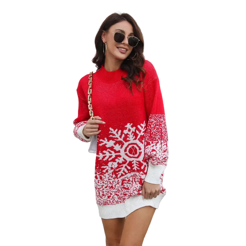 Christmas Snowflake Knit Mini Dress - red