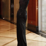 Deep V Long Sleeve Pleated Maxi Dress - black