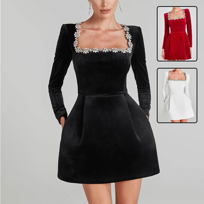 Floral Embellished Square Neck Mini Dress