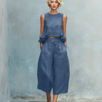 Round Neck Sleeveless Top And Loose Wide-leg Pants - blue