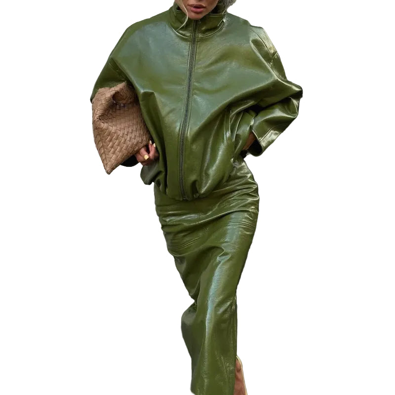 Faux Leather Batwing Zip Jacket & Fitted Midi Skirt Co-Ord - olive green