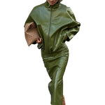 Faux Leather Batwing Zip Jacket & Fitted Midi Skirt Co-Ord - olive green