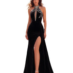Crystal Starburst Halter Velvet Mermaid Gown with High Slit