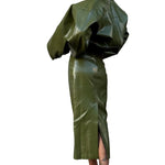 Faux Leather Batwing Zip Jacket & Fitted Midi Skirt Co-Ord - olive green