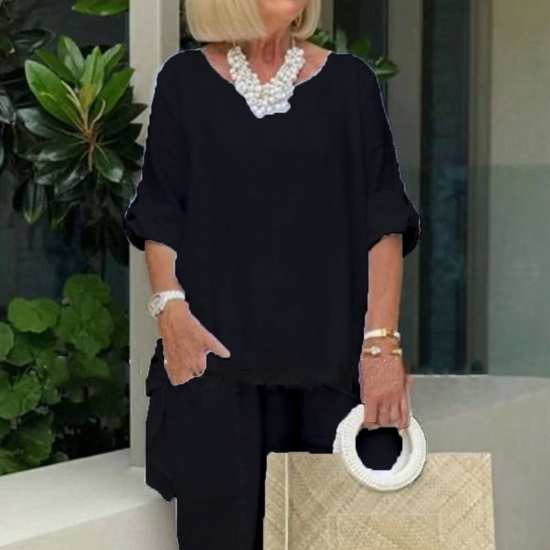 Chic Summer Casual Hemp-Cotton Suit - black