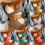 Collage of women wearing colorful bikinis with denim jackets.