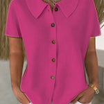 Turn-Down Casual Loose Fit Short Sleeve Shirt - rose red