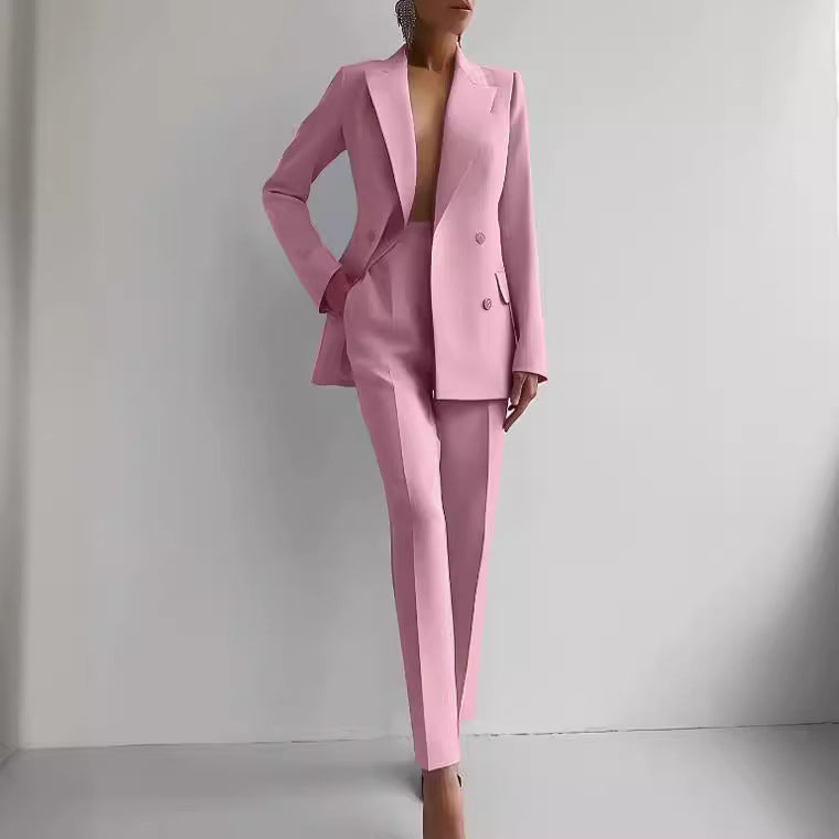 Single-breasted Jacket Top And Slim Fit Trousers Suit - pink