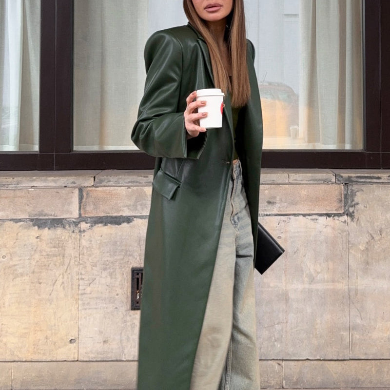 Olive Green Leather Maxi Trench Coat With Shoulder Pads