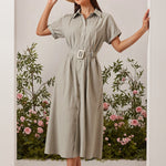 Short-Sleeve Shirt Waist-Cinched Maxi Dress