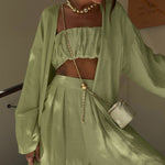 Sage Green 3-Piece Crop Top, Kimono Cardigan & Wide Leg Pants