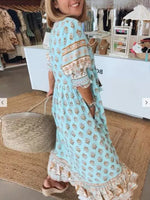 V-Neck Ruffle Long Dress Beach - Blue