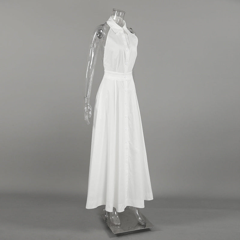 White Cotton Sleeveless Halter Maxi Dress