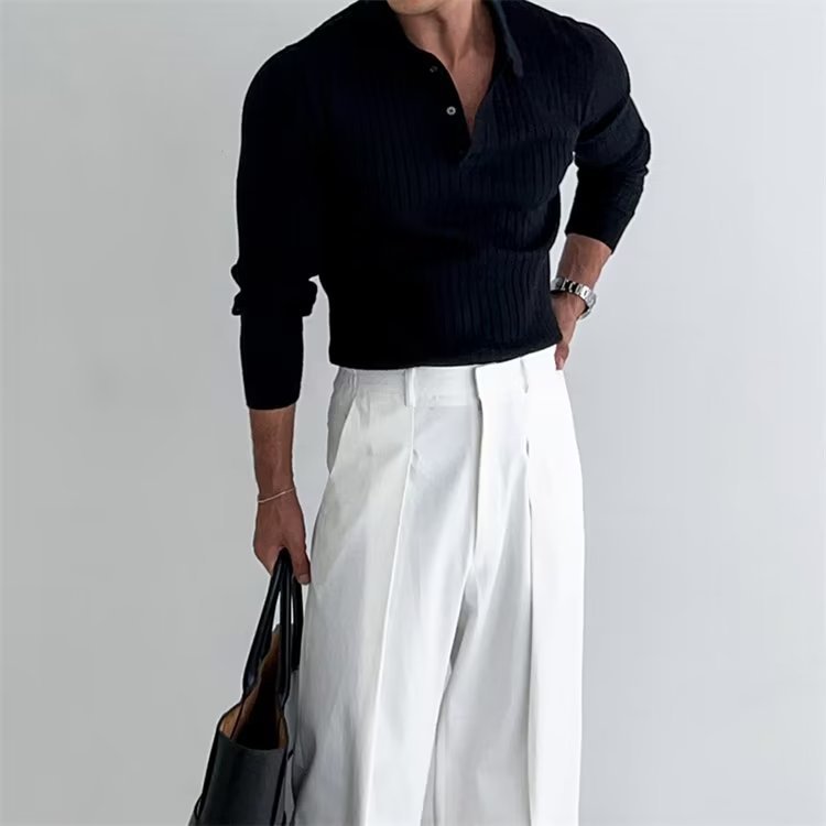 Men's Ribbed Long Sleeve Knit Polo Shirt - back