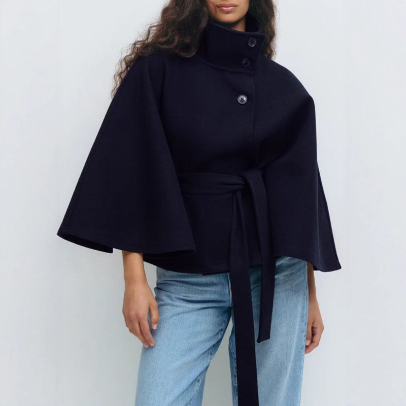 High Neck Batwing Sleeve Coat With Belt - black