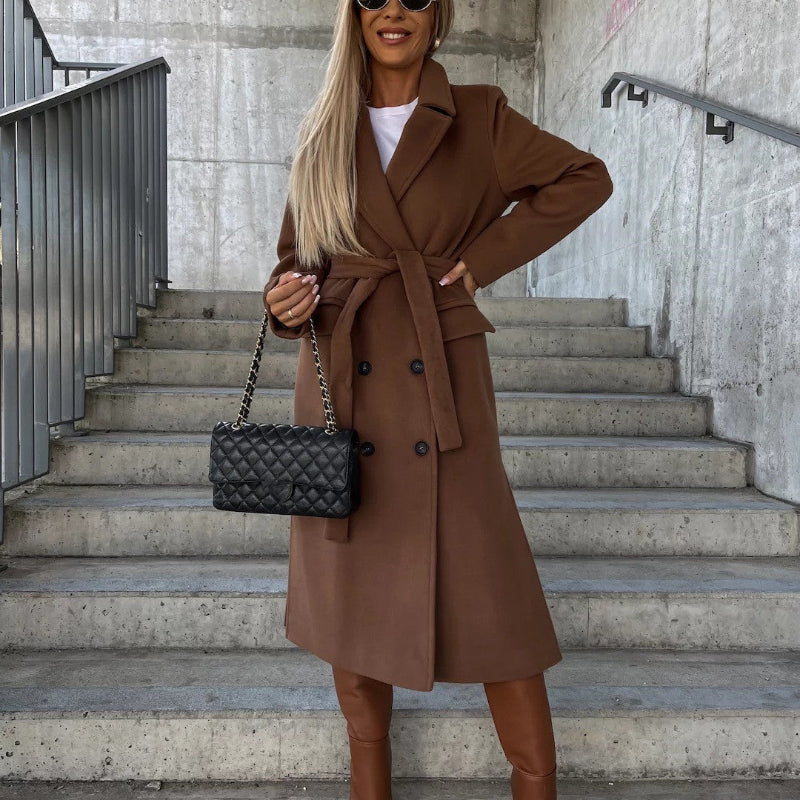 Long Sleeve Coat With Belt - brown