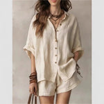 Single-Breasted Short-Sleeved Shirt Wide-Leg Shorts - khaki