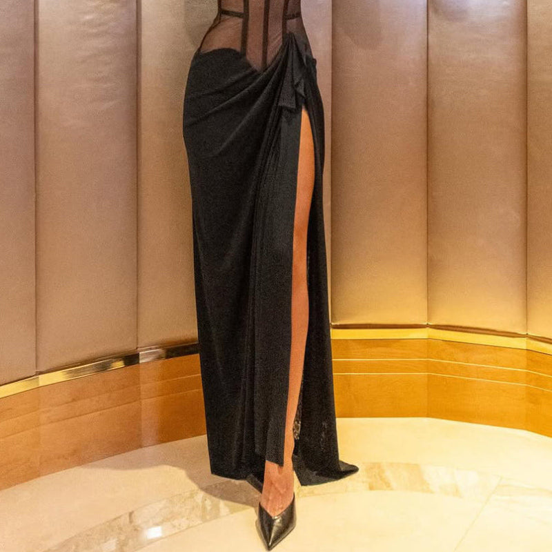 Sexy Mesh Stitching Maxi Dress - black