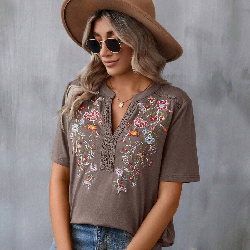 Fashion Flowers Embroidery Short Sleeve T-shirt - bown