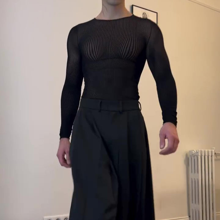 Black Mesh Long-Sleeve Top With Sheer Design