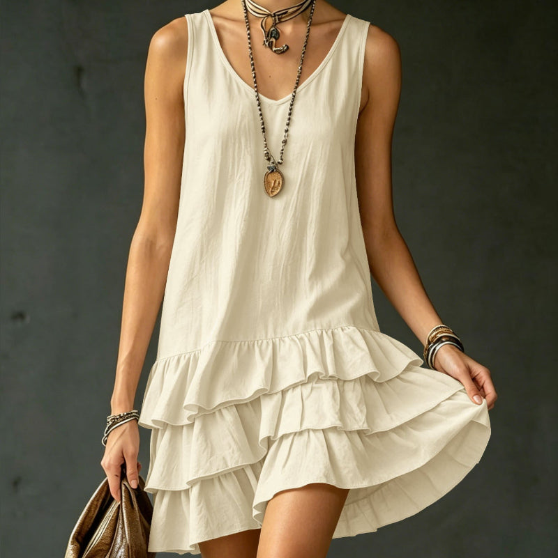 Sleeveless V-Neck Layered Ruffle Mini Dress - white