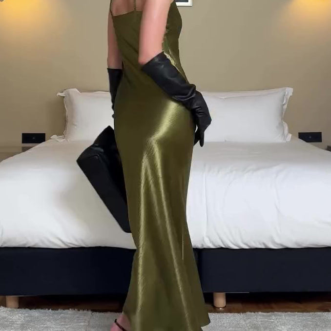Olive Green Satin Slip Maxi Dress