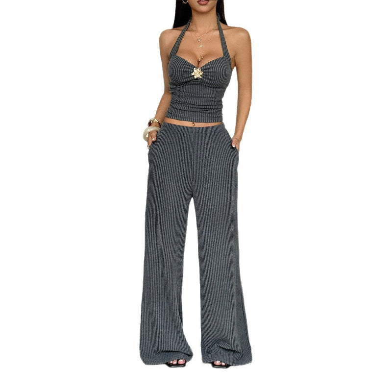 Halter Neck Camisole and Solid Color Straight Leg Pants Set