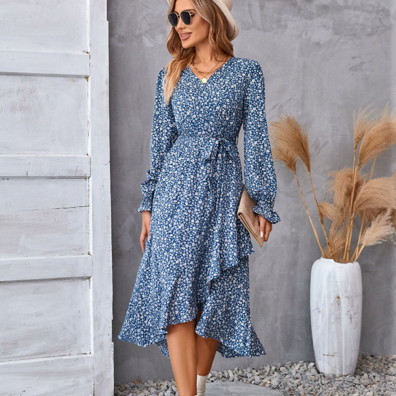 Floral Print Ruffle-Hem Belted Midi Dress - blue