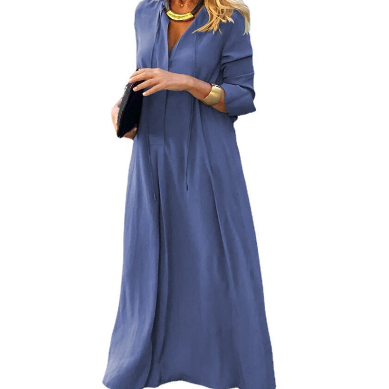 Elegant Long-Sleeved Midi Shirt Dress - blue