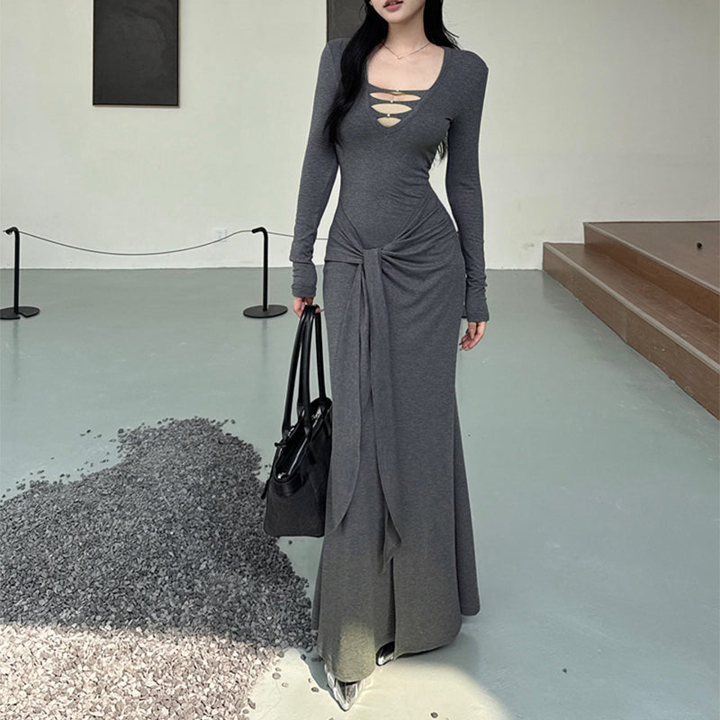 The Edgy Knit: V-Neck Hollow Midi Dress