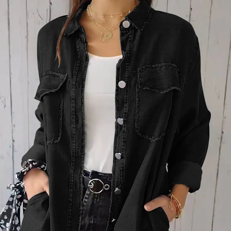 Pocketed Button Up Long Sleeve Denim Jacket - runwayfashionista.com