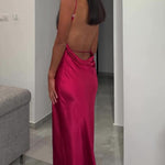 Burgundy Backless Satin Sleeveless Maxi Dress