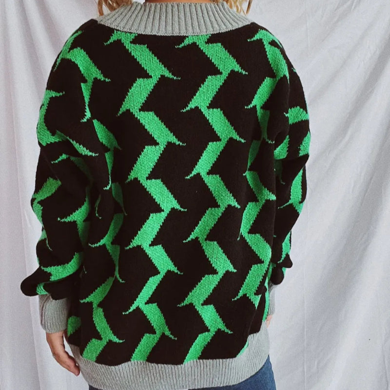 Contrast Trim Geometric V-Neck Long Sleeve Cardigan - runwayfashionista.com