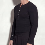 Black Henley Neck Ribbed Slim Fit Long Sleeve Knit Top