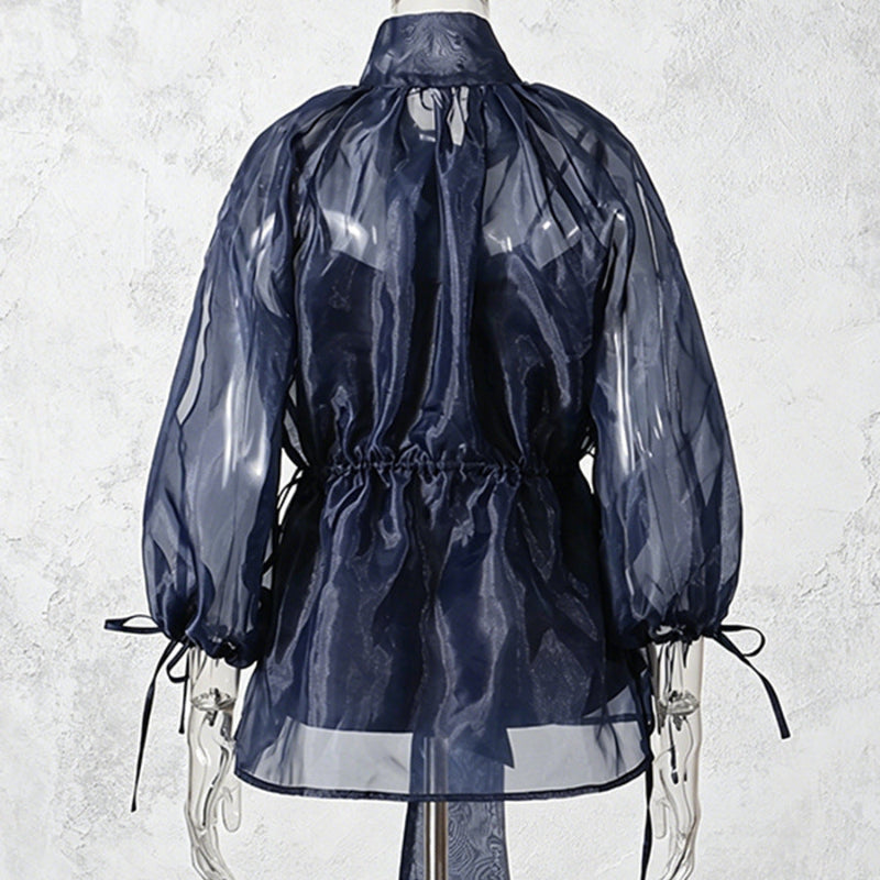 Navy Blue Glossy Organza Self-Tie Bow Neck Balloon-Sleeve Cinched-Waist Asymmetric Blouse