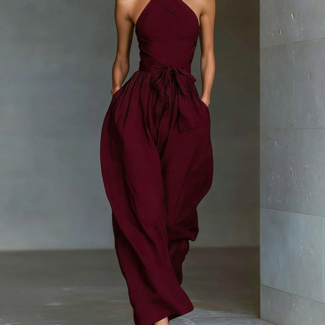 Linen Cross-Strap Wide-Leg Jumpsuit - wine red