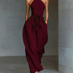 Linen Cross-Strap Wide-Leg Jumpsuit - wine red