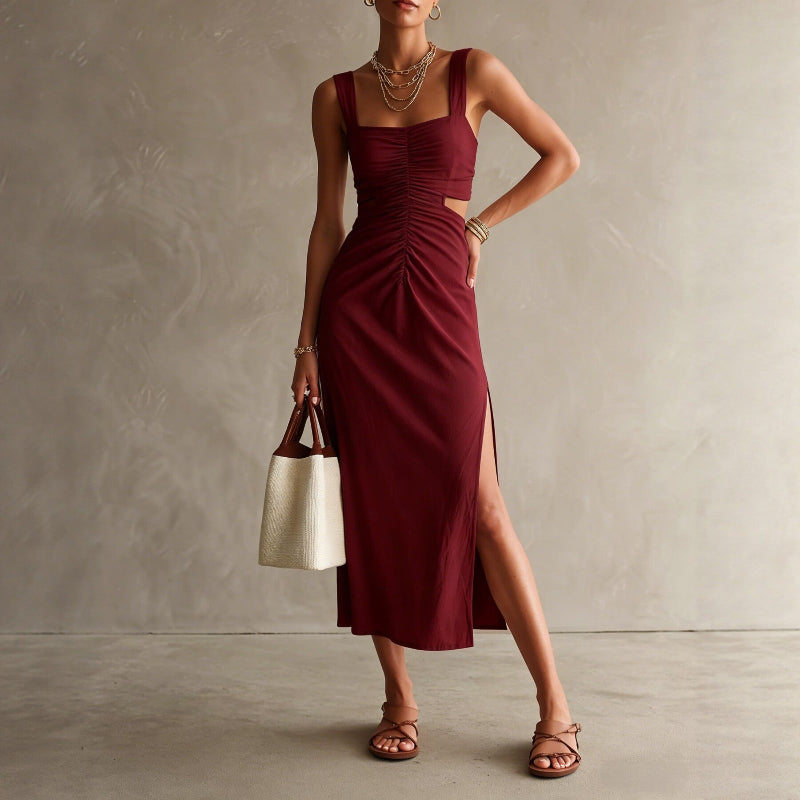 Strap-style Fashionable And Elegant Midi Dress - wine red