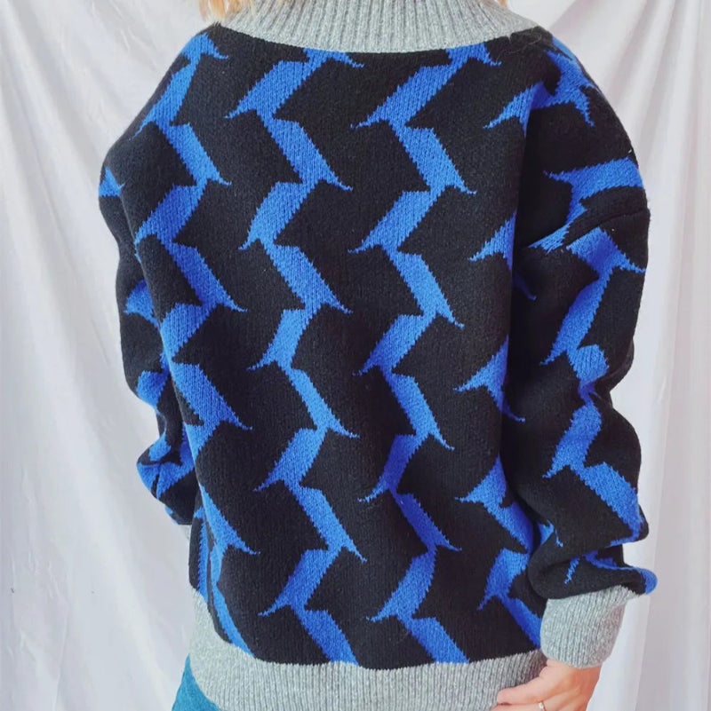 Contrast Trim Geometric V-Neck Long Sleeve Cardigan - runwayfashionista.com