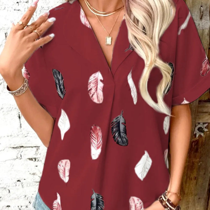 Printed Collared Neck Short Sleeve Blouse - runwayfashionista.com